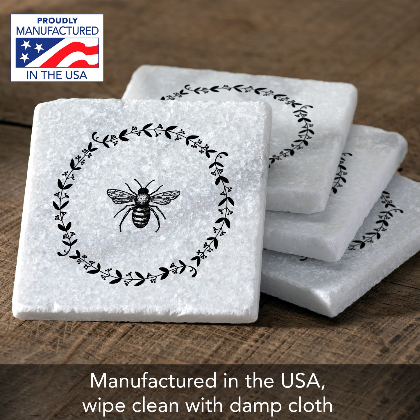 Thirstystone Bee Wreath 4-Pack Natural Marble Stone Coaster with Protective Cork Backing Manufactured in The USA