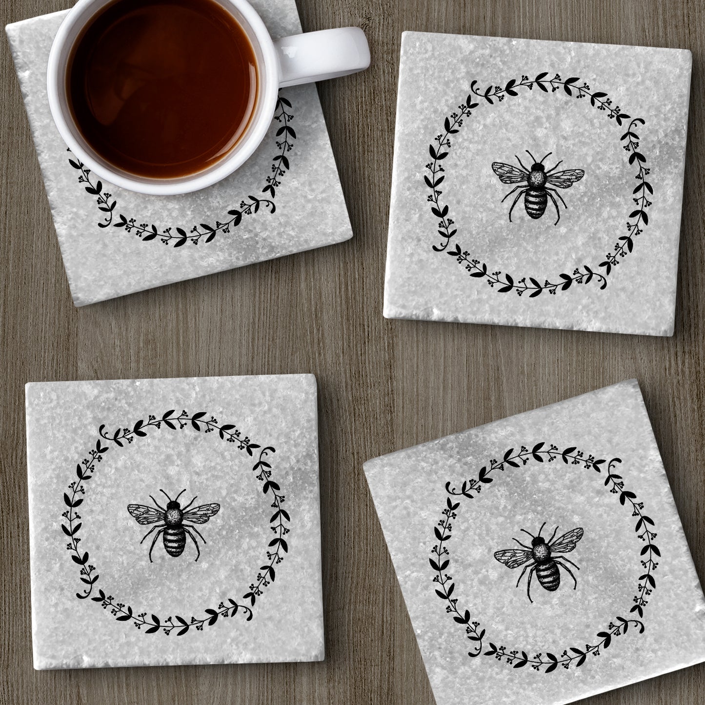 Thirstystone Bee Wreath 4-Pack Natural Marble Stone Coaster with Protective Cork Backing Manufactured in The USA
