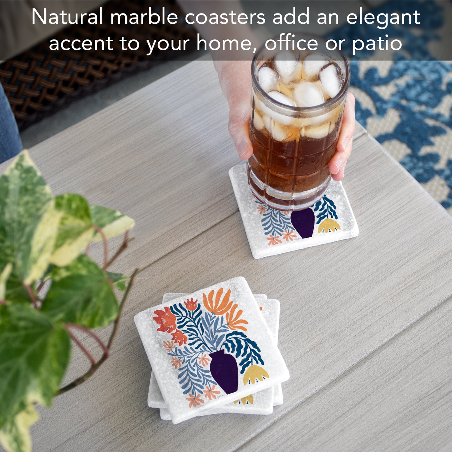 Thirstystone Modern Floral 4-Pack Natural Marble Stone Coaster with Protective Cork Backing Manufactured in The USA