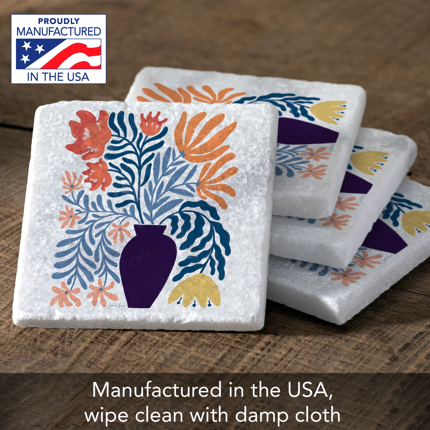 Thirstystone Modern Floral 4-Pack Natural Marble Stone Coaster with Protective Cork Backing Manufactured in The USA