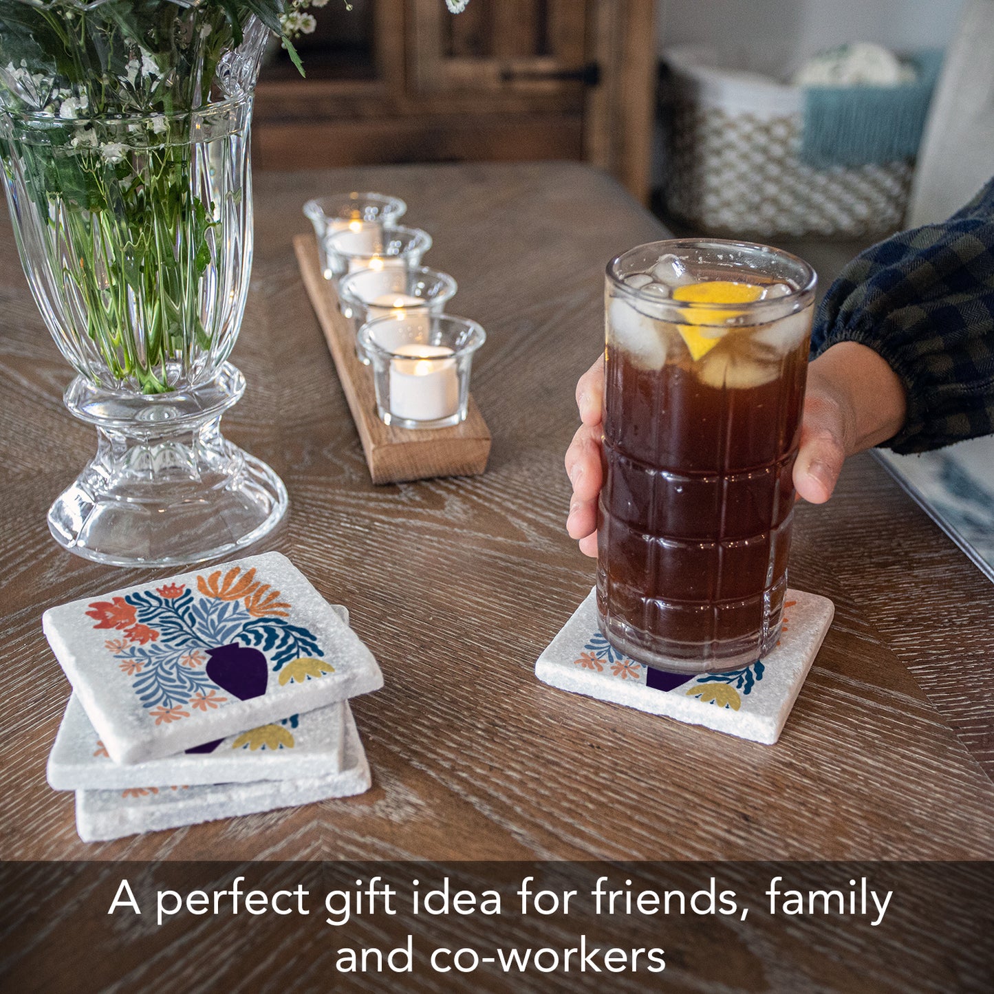 Thirstystone Modern Floral 4-Pack Natural Marble Stone Coaster with Protective Cork Backing Manufactured in The USA