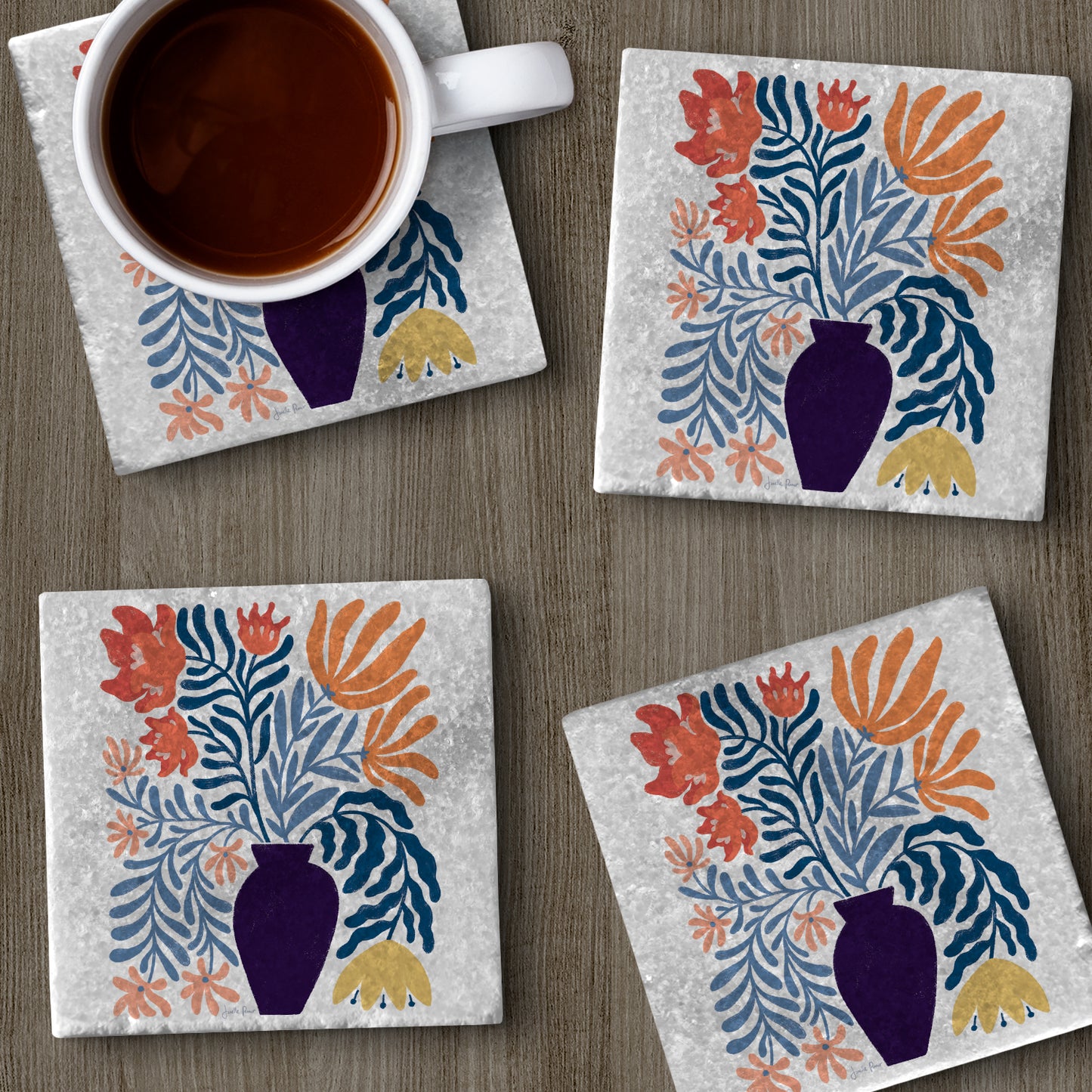Thirstystone Modern Floral 4-Pack Natural Marble Stone Coaster with Protective Cork Backing Manufactured in The USA