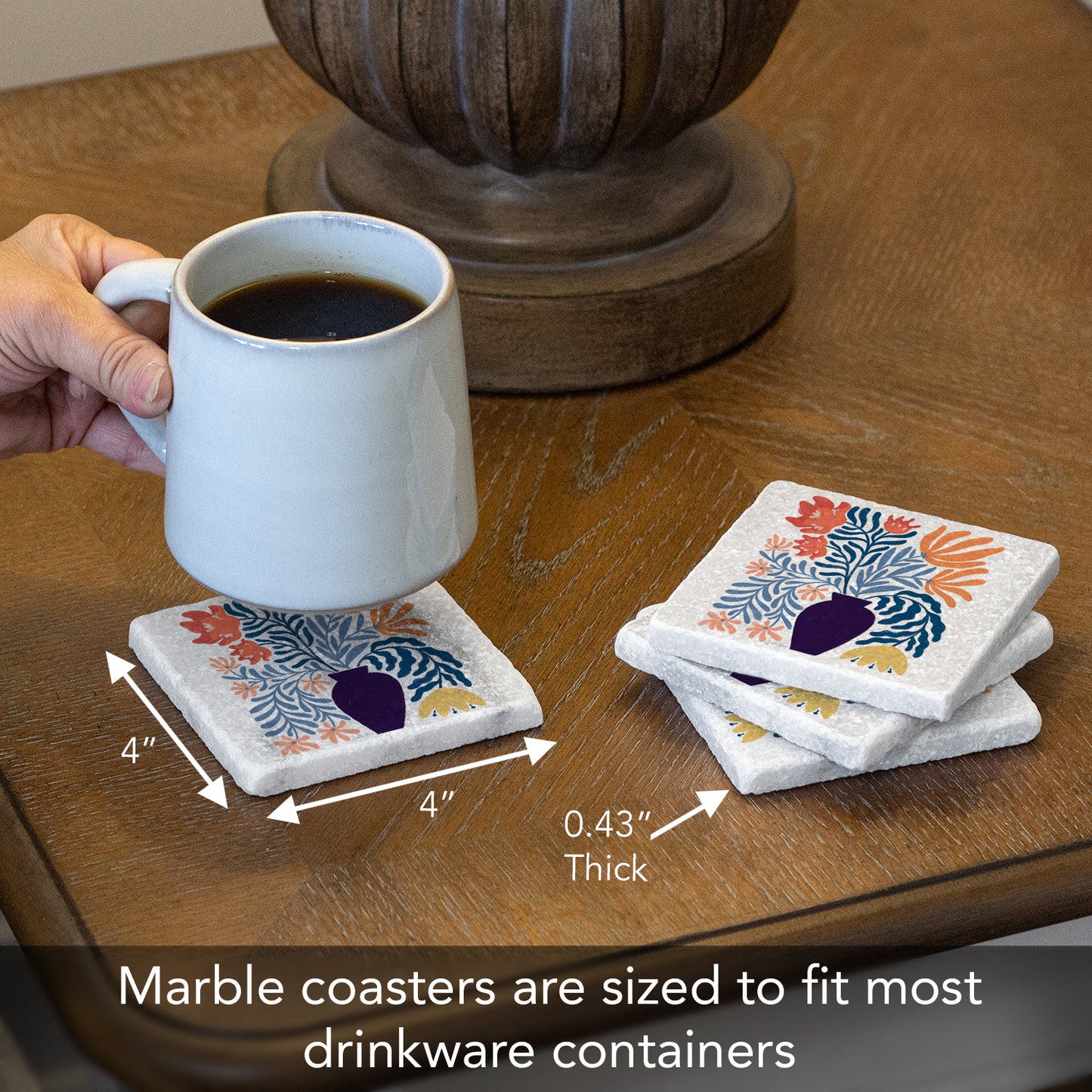 Thirstystone Modern Floral 4-Pack Natural Marble Stone Coaster with Protective Cork Backing Manufactured in The USA