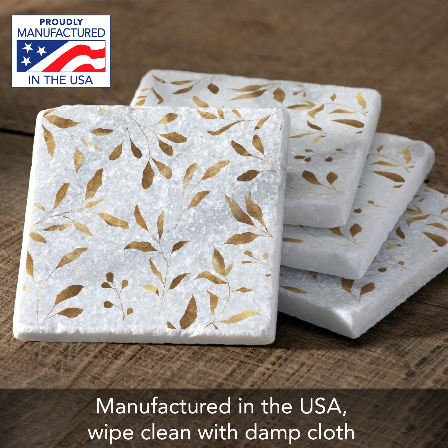 Thirstystone Gilded Vine 4-Pack Natural Marble Stone Coaster with Protective Cork Backing Manufactured in The USA