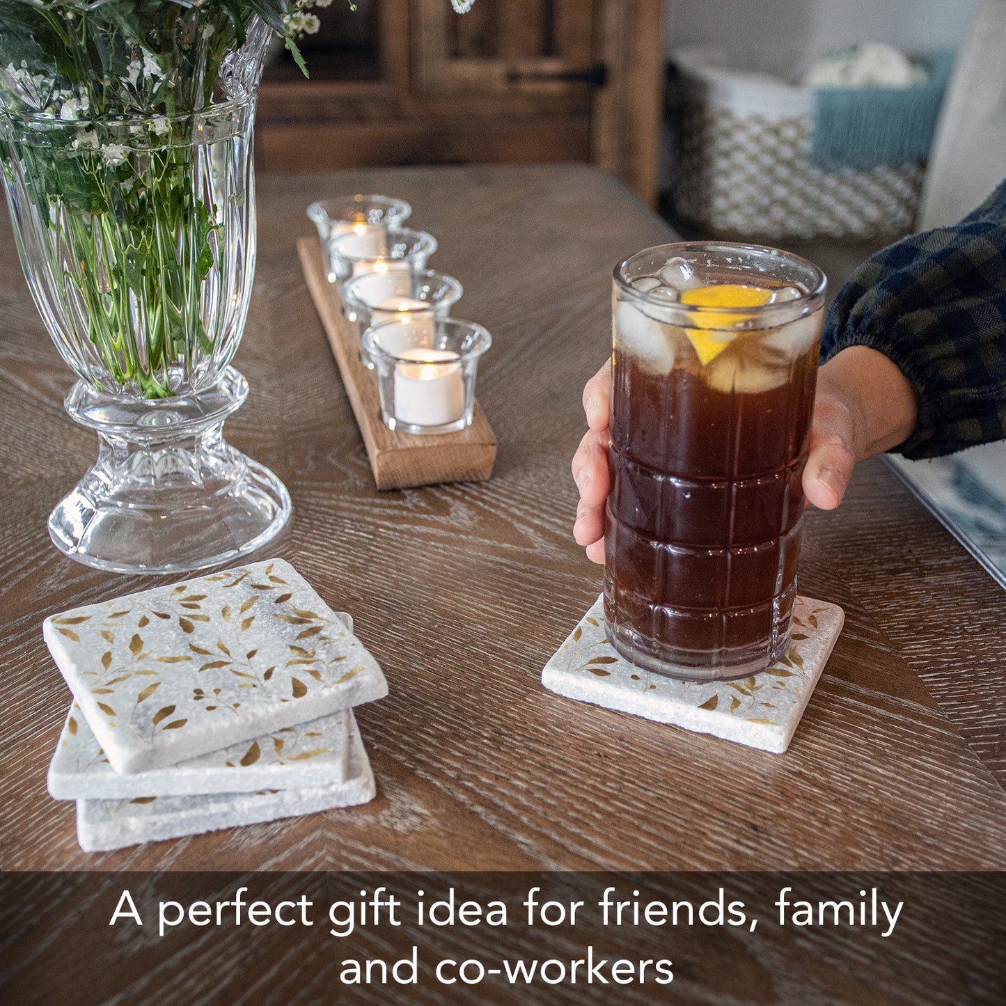 Thirstystone Gilded Vine 4-Pack Natural Marble Stone Coaster with Protective Cork Backing Manufactured in The USA