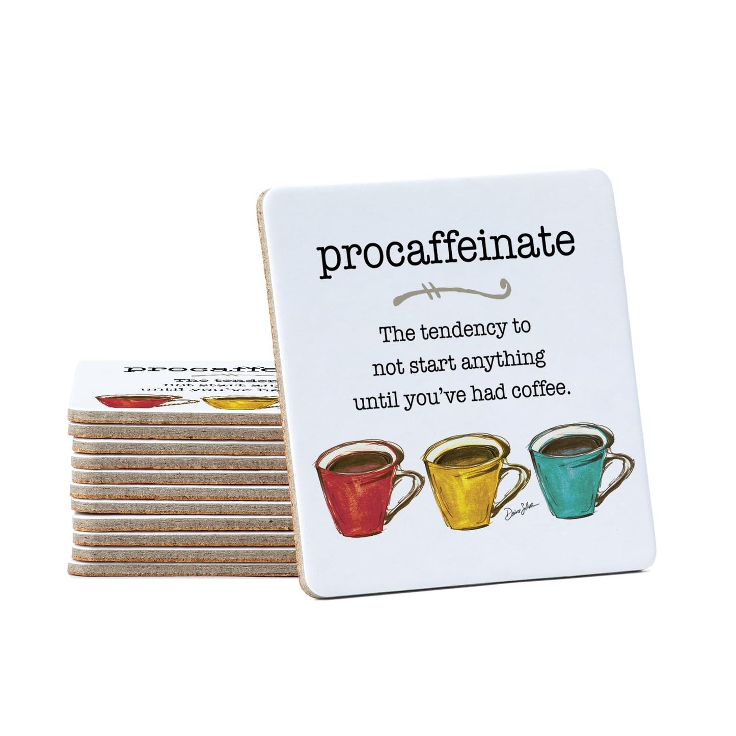 Thirstystone Pro-Caffeinate 12-Pack Cork Back Paper Bar Coasters Made in The USA Humourous Quotes Attractive Designs