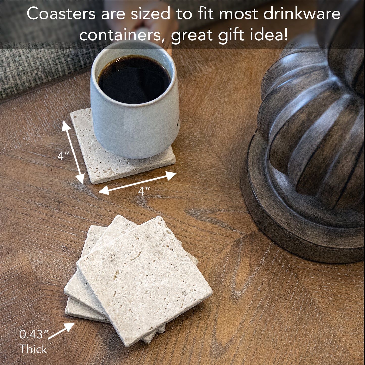 Thirstystone 4 Pack Natural Travertine Absorbent Stone Coasters with Protective Cork Backing