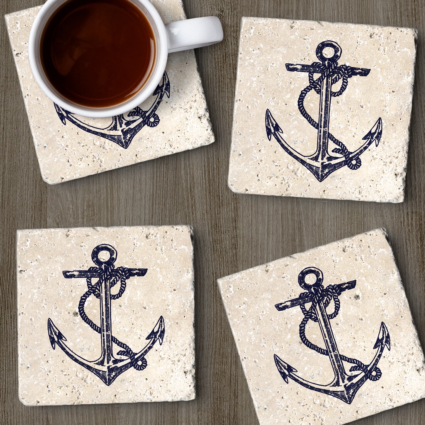 Thirstystone Anchor 4 Pack Natural Travertine Absorbent Stone Coasters with Protective Cork Backing Manufactured in The USA