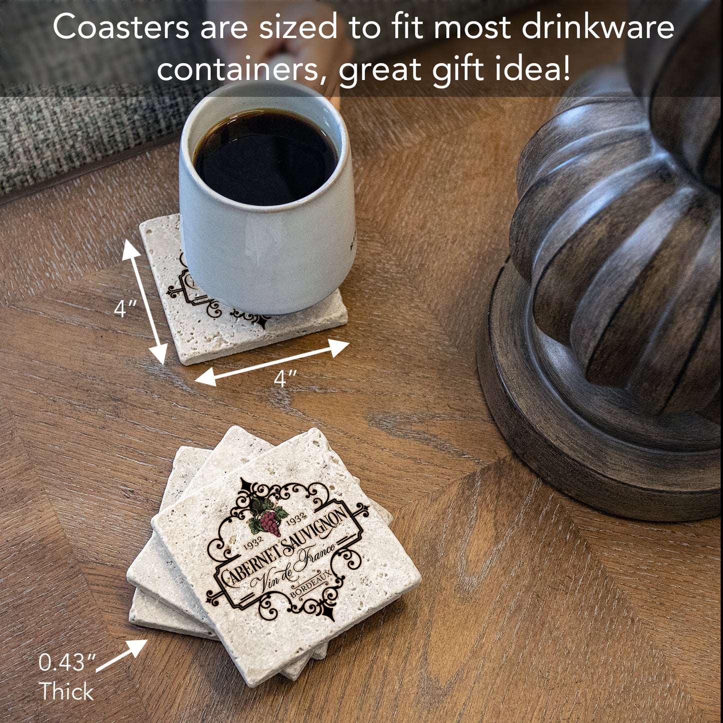 Thirstystone Vin De France 4 Pack Natural Travertine Absorbent Stone Coasters with Protective Cork Backing Manufactured in The USA