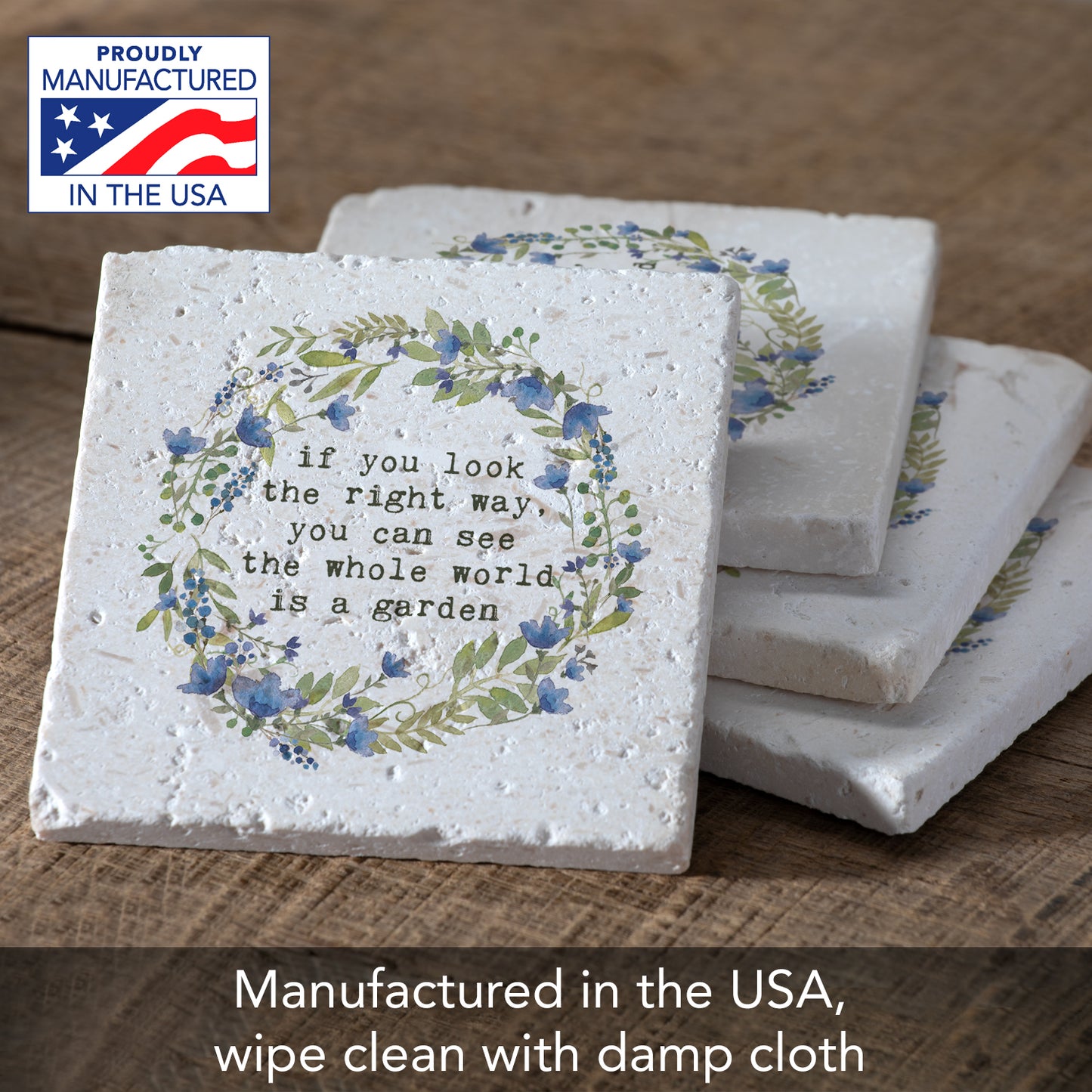 Thirstystone World is A Garden 4 Pack Natural Shell Stone Absorbent Coasters with Protective Cork Backing Manufactured in The USA