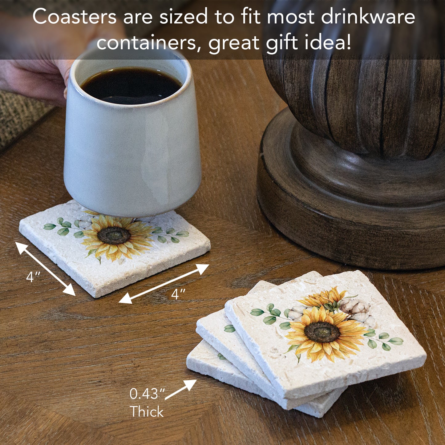 Thirstystone Sunflowers 4 Pack Natural Shell Stone Absorbent Coasters with Protective Cork Backing Manufactured in The USA