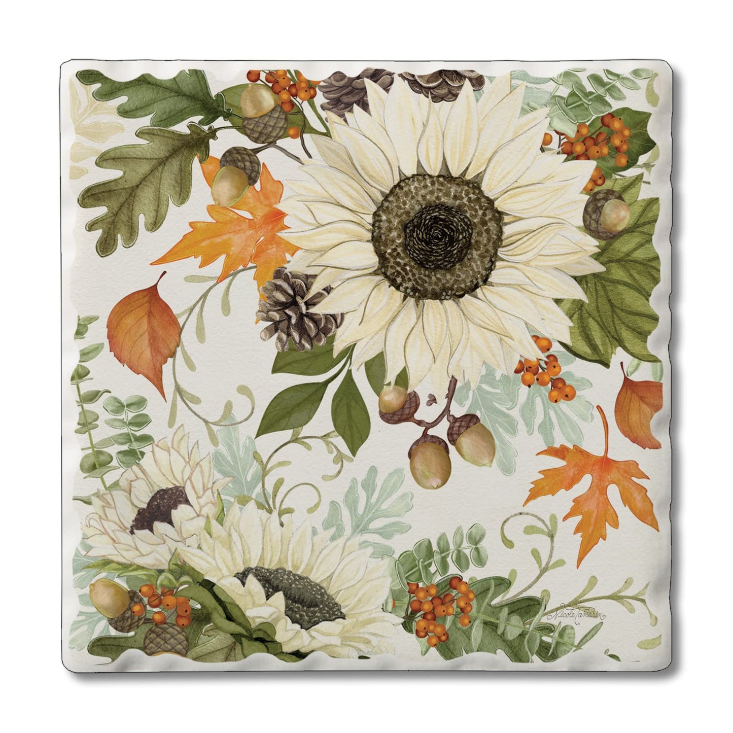 Thirstystone Farmhouse Sunflowers Single Tumbled Tile Stone Coaster with Protective Cork Backing Manufactured in The USA 4" Square, Colorful, Artistiic, Easily Wipes Clean