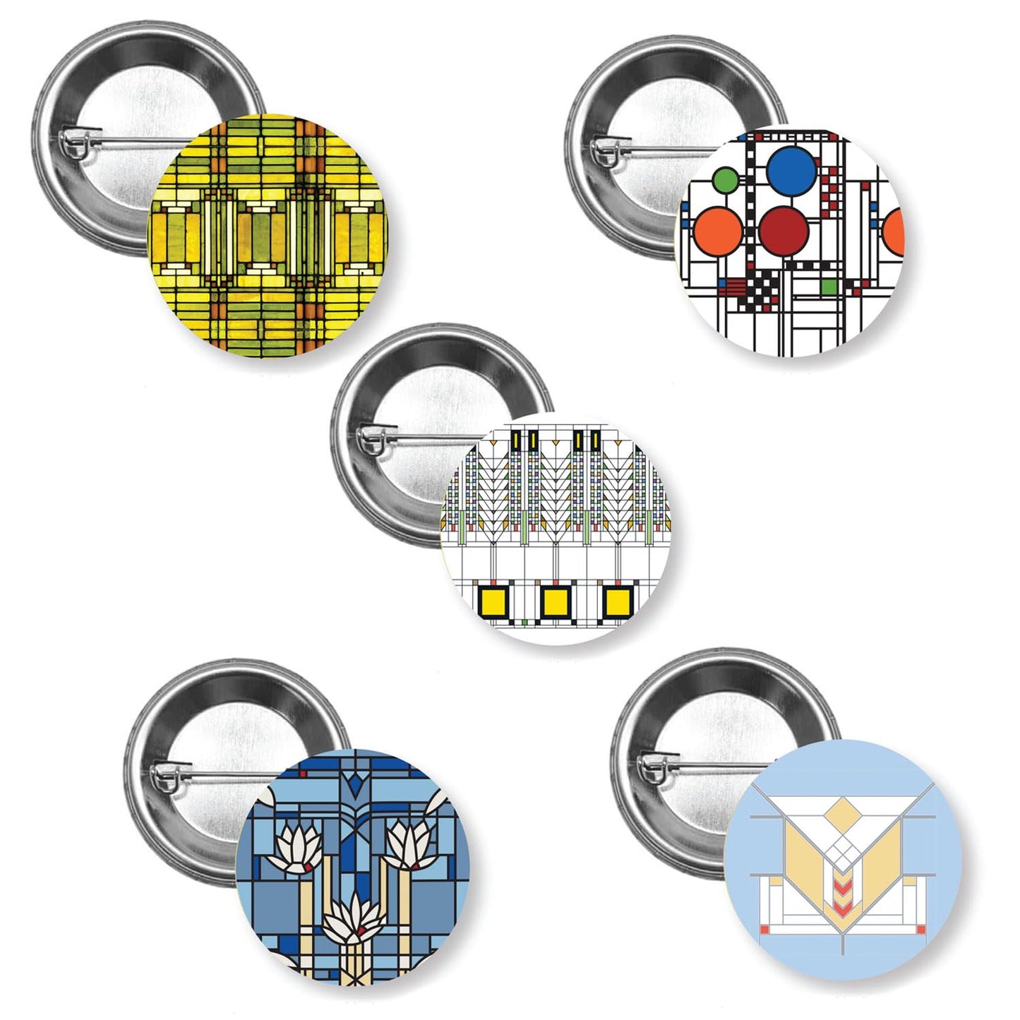 Window Collections Decorative 5 Piece Buttons Designs by FLW 1.5” Diameter Manufactured in the USA Lapel Pin Brooch Badge Hat Pin