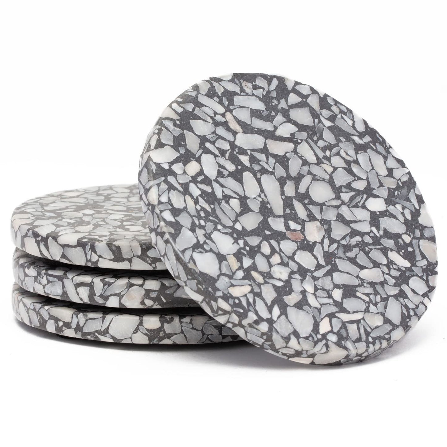 Thirstystone 4 Pack Black & White Natural Terrazzo Coasters with Protective Cork Backing 4" Diameter Attractive Absorbent Easily Wipes Clean