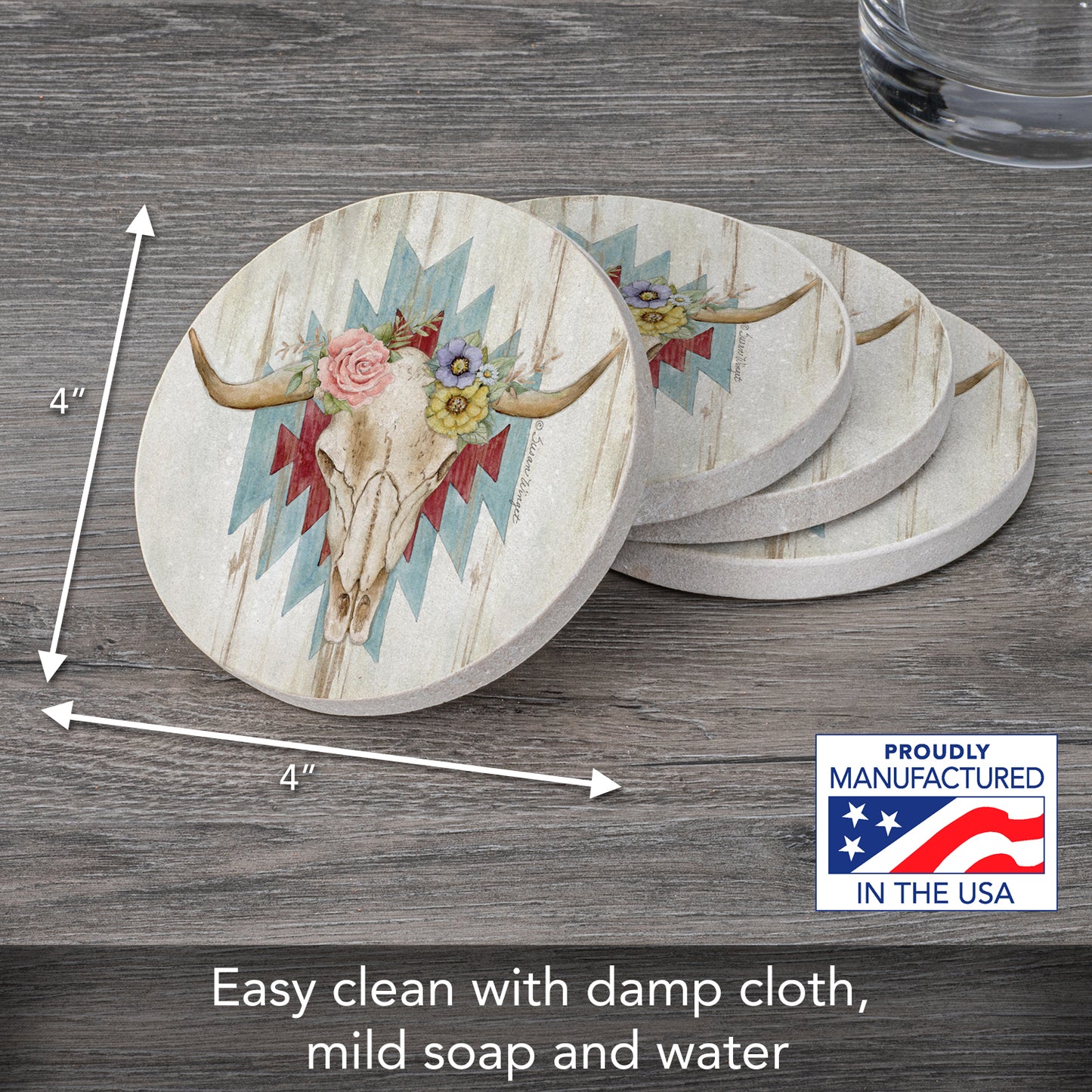 Thirstystone Ranch Skull 4 Pack Round Natural Sandstone Coasters with Protective Cork Backing Manufactured in The USA