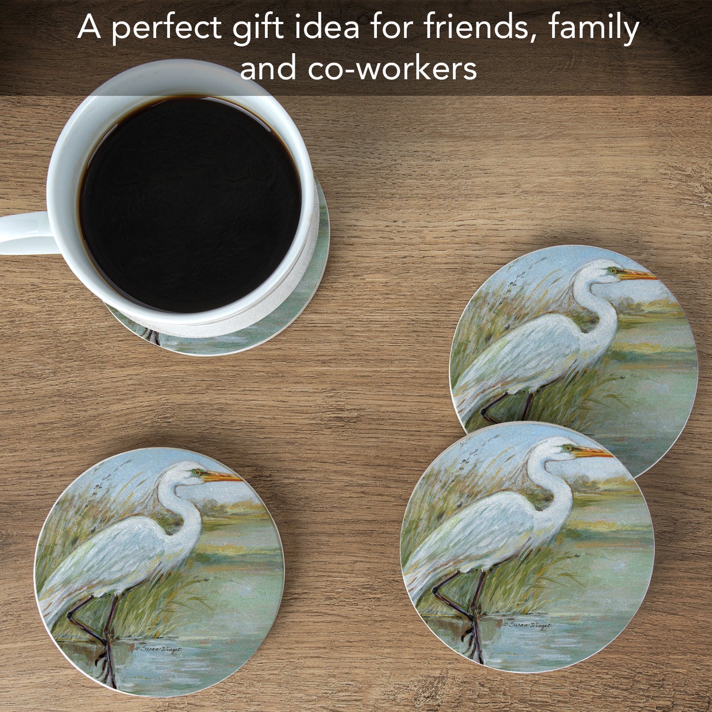 Thirstystone Coastal Egret 4 Pack Round Natural Sandstone Coasters with Protective Cork Backing Manufactured in The USA