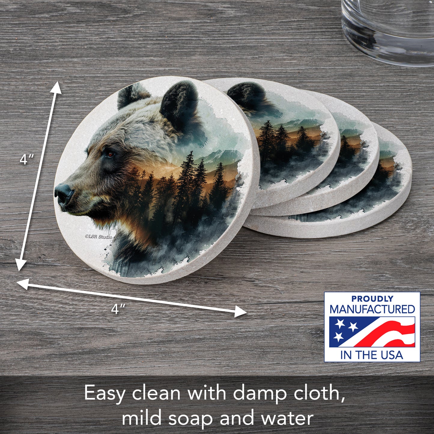 Thirstystone Bear Silhouette 4 Pack Natural Sandstone Coasters 4" Round Manufactured in the USA