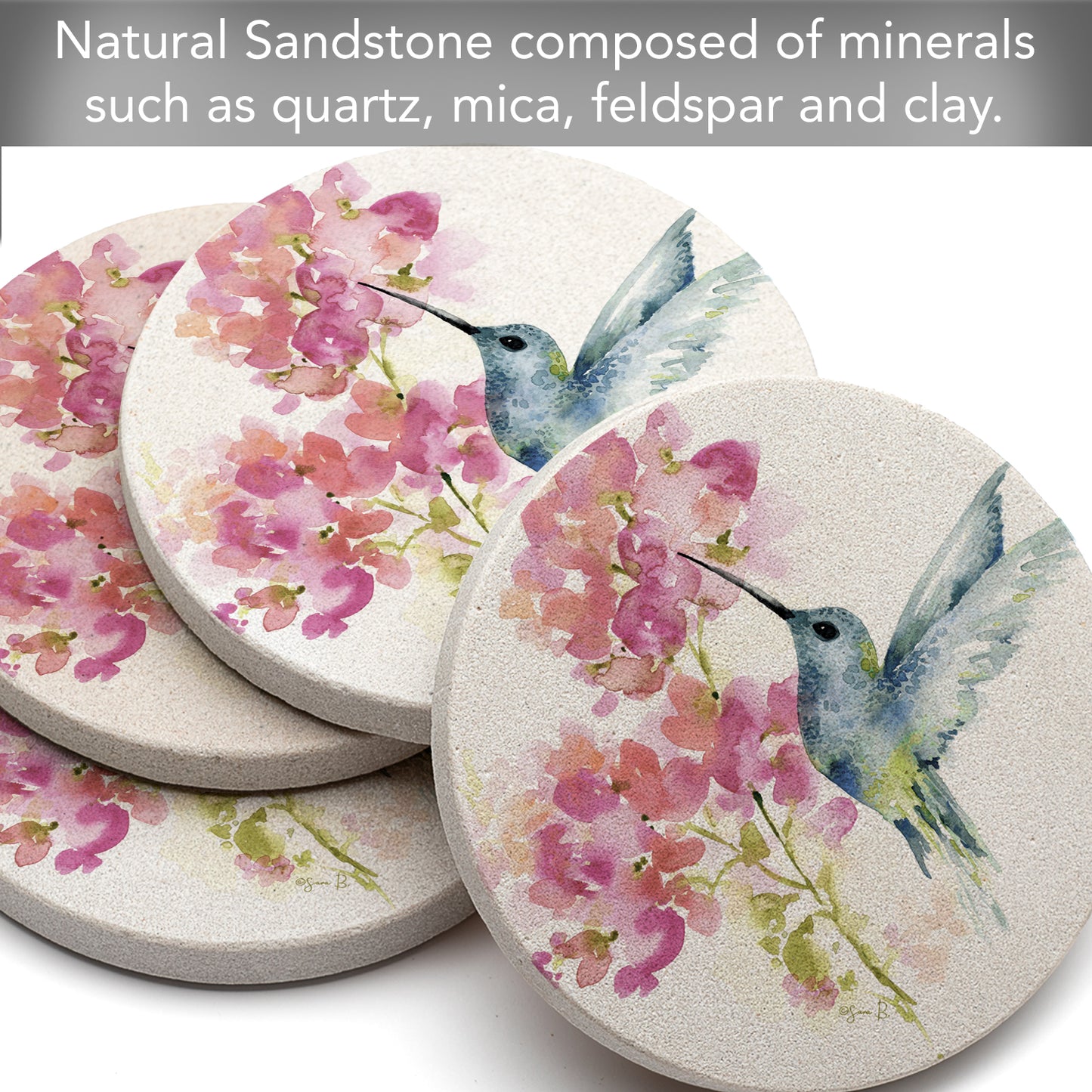 Thirstystone Hummingbird Watercolor 4 Pack Round Natural Sandstone Coasters 4" Round Manufactured in The USA