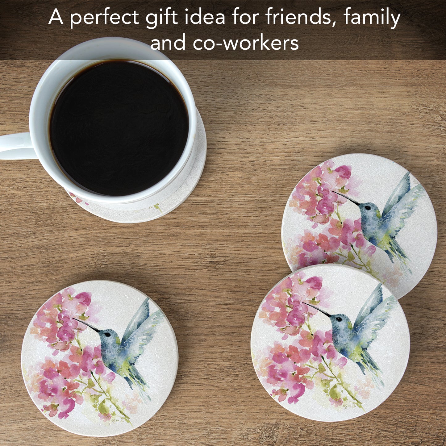 Thirstystone Hummingbird Watercolor 4 Pack Round Natural Sandstone Coasters 4" Round