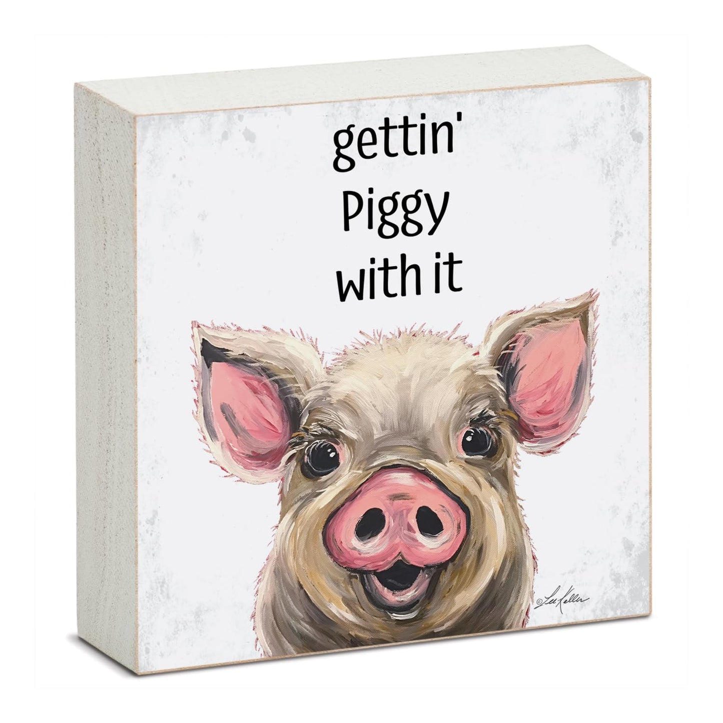 Highland Home Gettin' Piggy Artistic Freestanding Solid Wood Block Sign Made in the USA 3.75” Square Decorative Accent for Home or Office