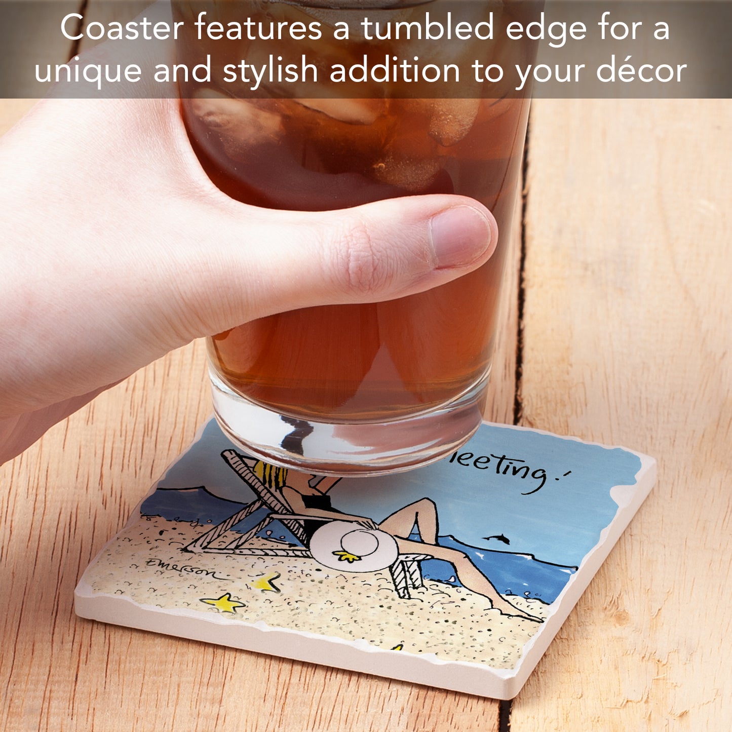 Thirstystone In a Meeting Single Tumbled Tile Stone Coaster with Protective Cork Backing Manufactured in The USA 4" Square, Colorful, Artistiic, Easily Wipes Clean