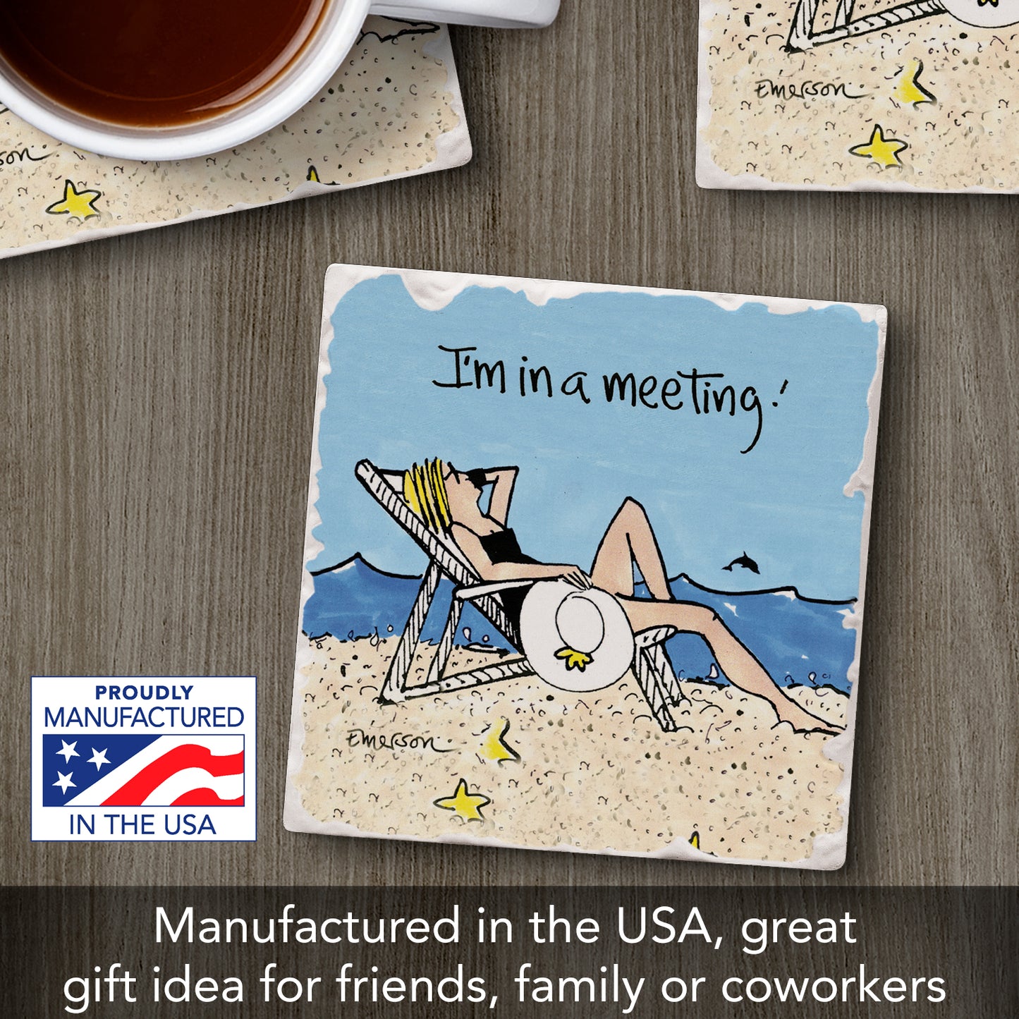 Thirstystone In a Meeting Single Tumbled Tile Stone Coaster with Protective Cork Backing Manufactured in The USA 4" Square, Colorful, Artistiic, Easily Wipes Clean