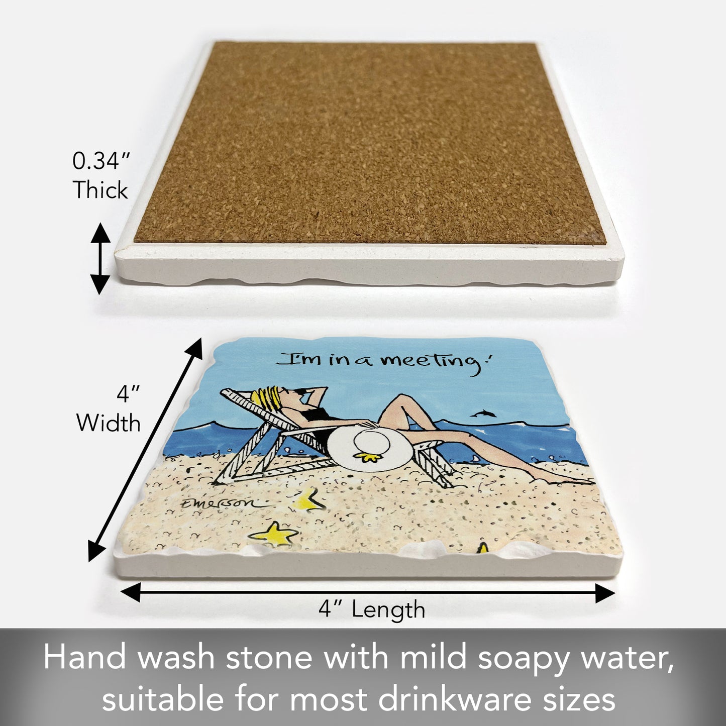 Thirstystone In a Meeting Single Tumbled Tile Stone Coaster with Protective Cork Backing Manufactured in The USA 4" Square, Colorful, Artistiic, Easily Wipes Clean