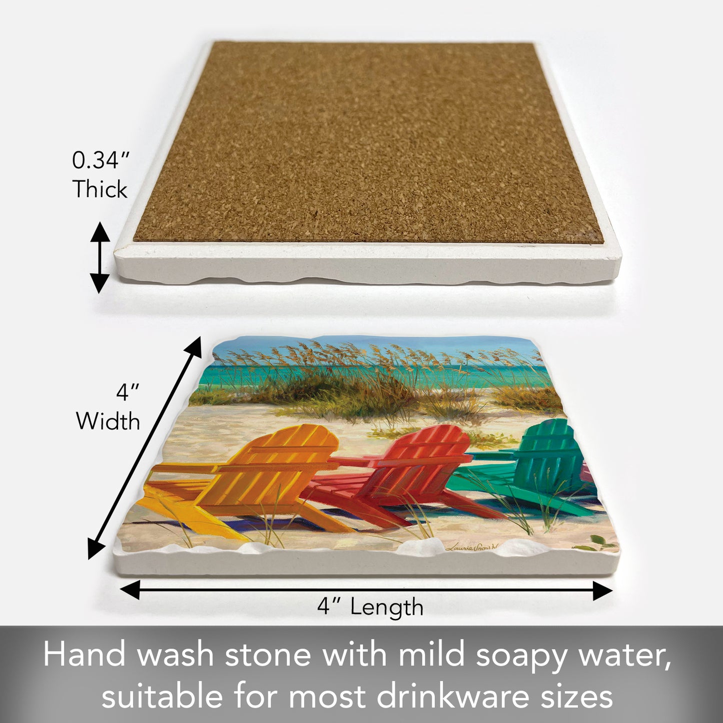 Thirstystone Beach Chairs Single Tumbled Tile Stone Coaster with Protective Cork Backing Manufactured in The USA 4" Square, Colorful, Artistiic, Easily Wipes Clean
