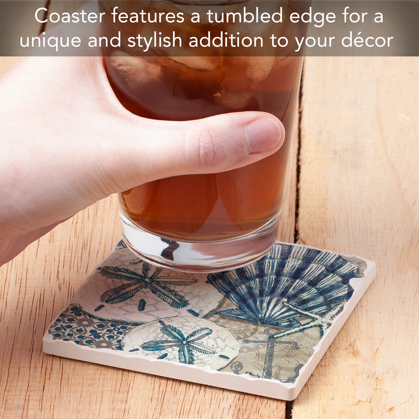 Thirstystone Sea Shells Single Tumbled Tile Stone Coaster with Protective Cork Backing Manufactured in The USA 4" Square, Colorful, Artistic, Easily Wipes Clean