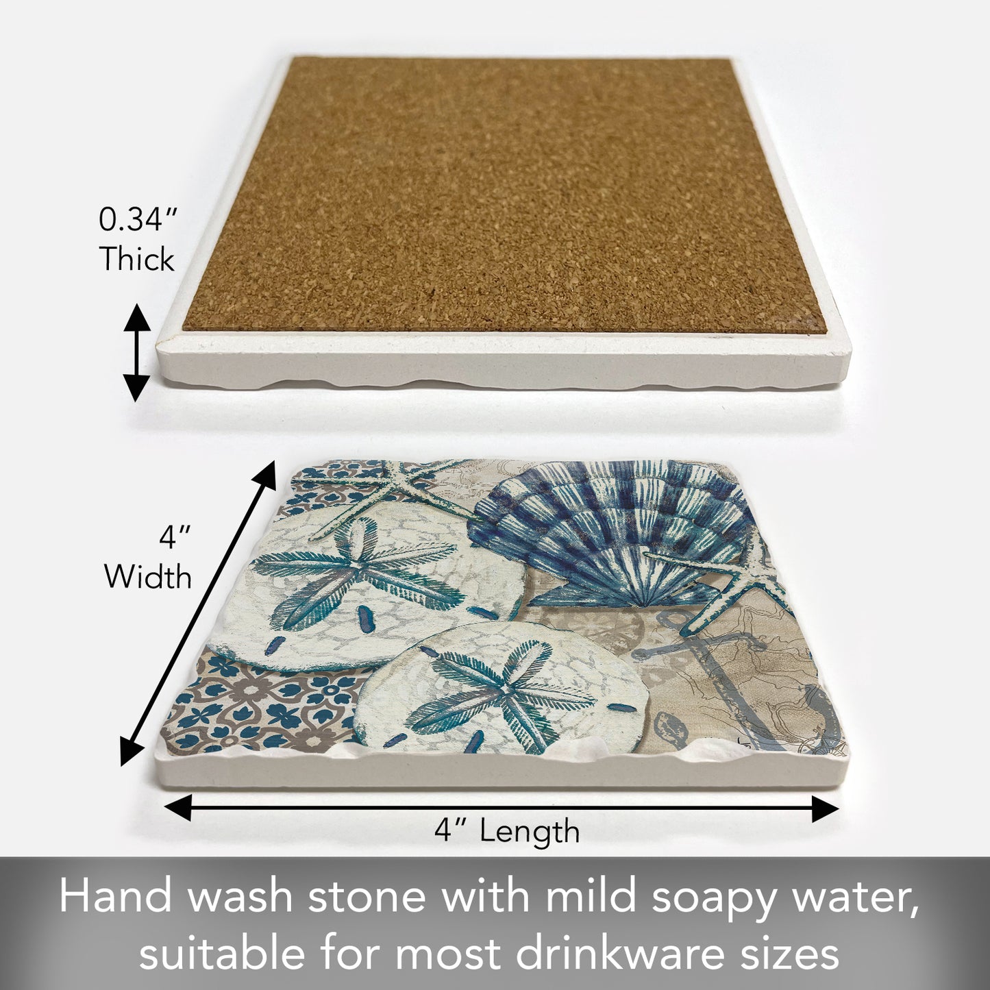Thirstystone Sea Shells Single Tumbled Tile Stone Coaster with Protective Cork Backing Manufactured in The USA 4" Square, Colorful, Artistic, Easily Wipes Clean