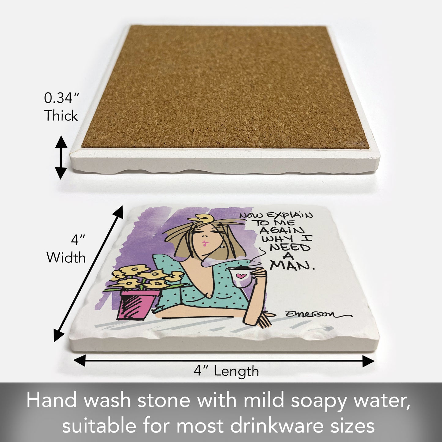 Thirstystone Need a Man Single Tumbled Tile Coaster Manufactured in The USA Humorous, Stylish, Single Coasters Allow You to Create Own Set
