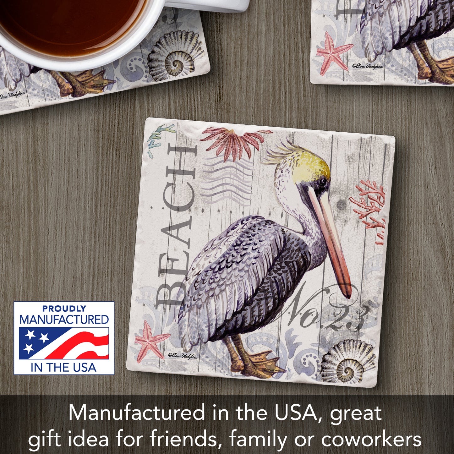 Thirstystone Pelican Life Single Tumbled Tile Stone Coaster with Protective Cork Backing Manufactured in The USA 4" Square, Colorful, Artistiic, Easily Wipes Clean