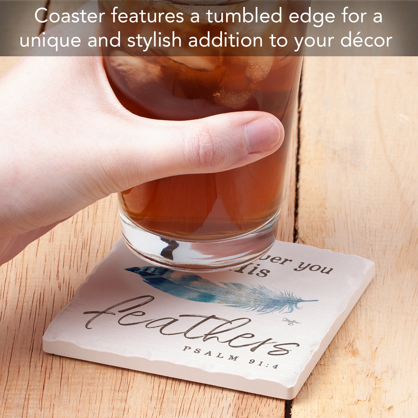 Thirstystone Feathers Single Tumbled Tile Stone Coaster with Protective Cork Backing Manufactured in The USA 4" Square, Artistic, Easily Wipes Clean