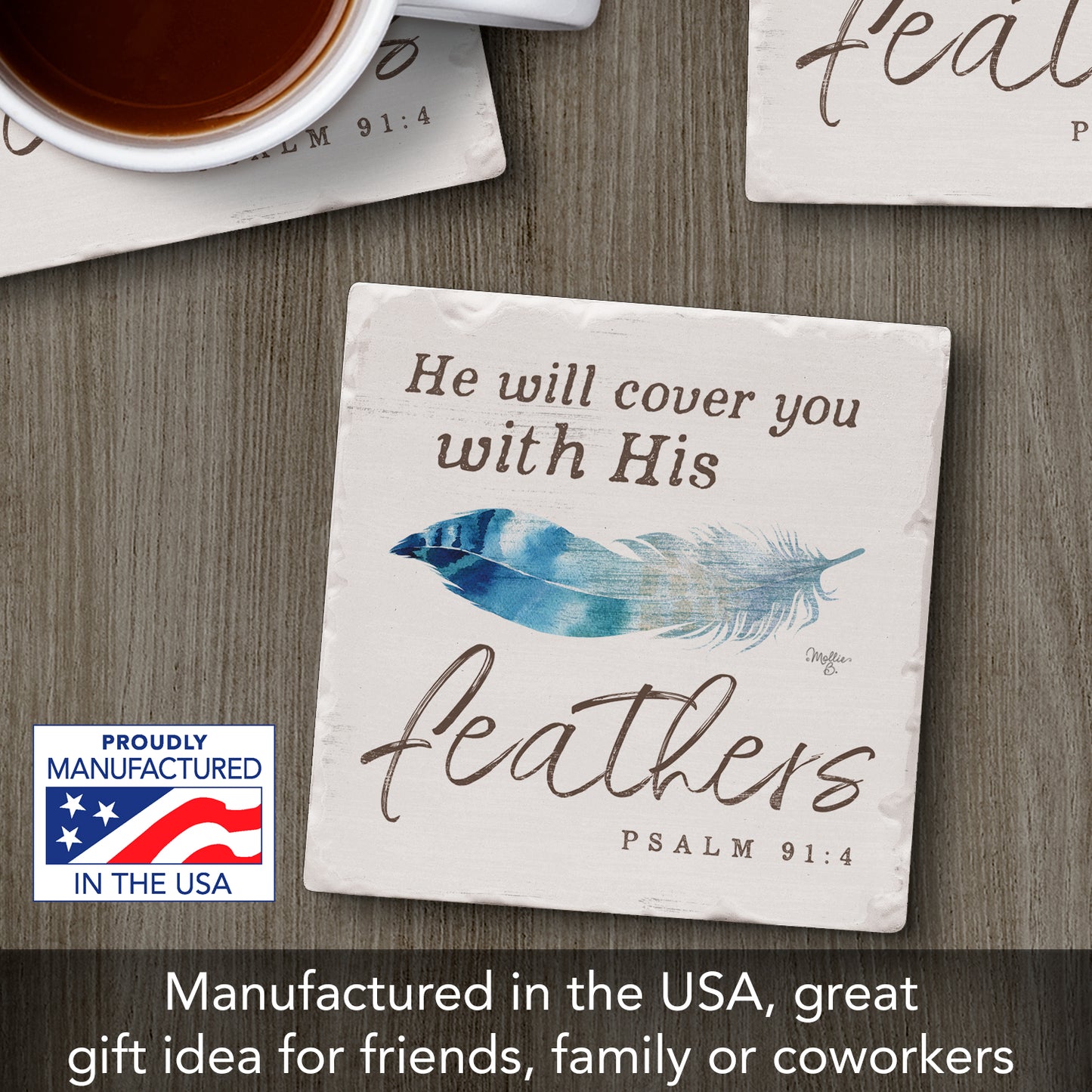 Thirstystone Feathers Single Tumbled Tile Stone Coaster with Protective Cork Backing Manufactured in The USA 4" Square, Artistic, Easily Wipes Clean