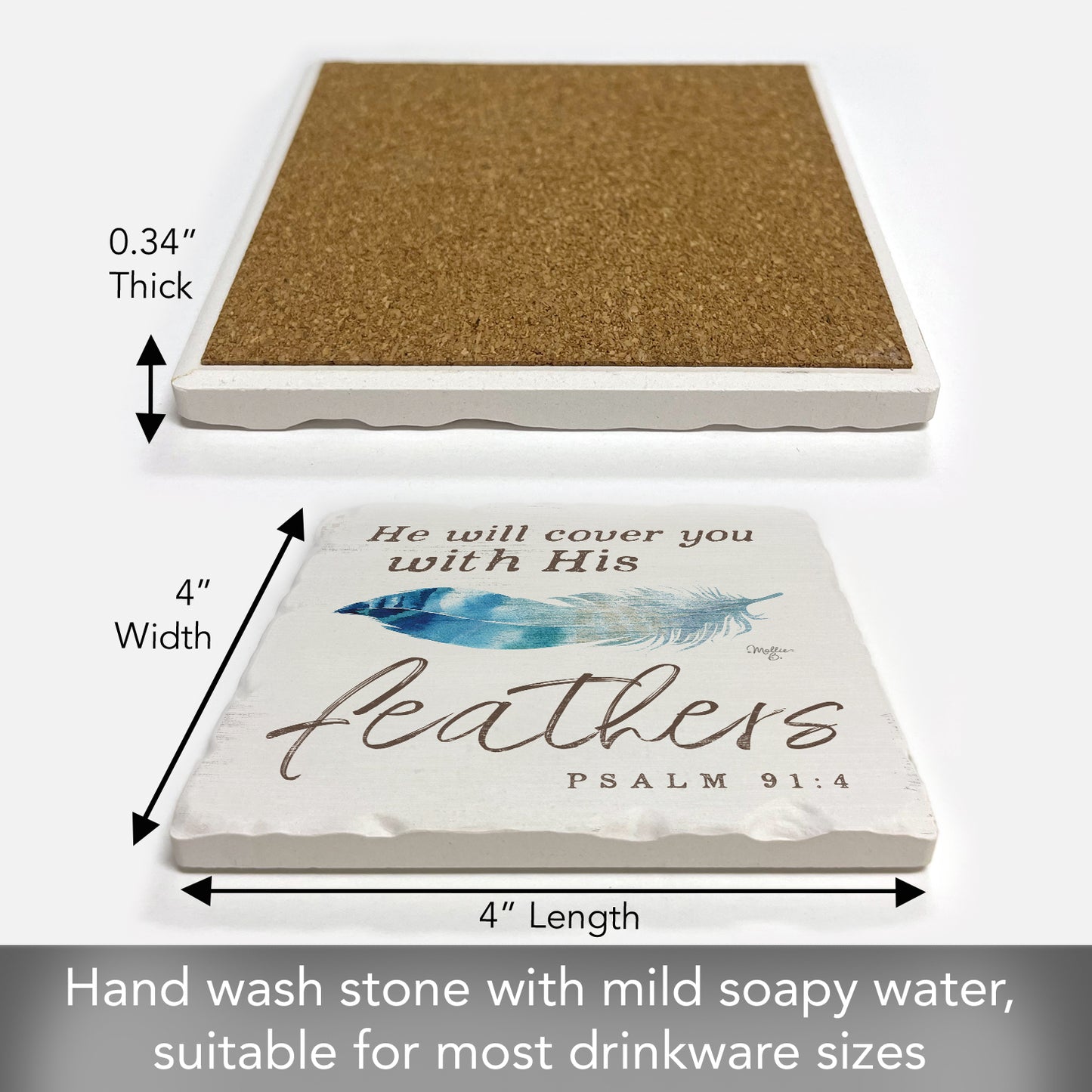 Thirstystone Feathers Single Tumbled Tile Stone Coaster with Protective Cork Backing Manufactured in The USA 4" Square, Artistic, Easily Wipes Clean