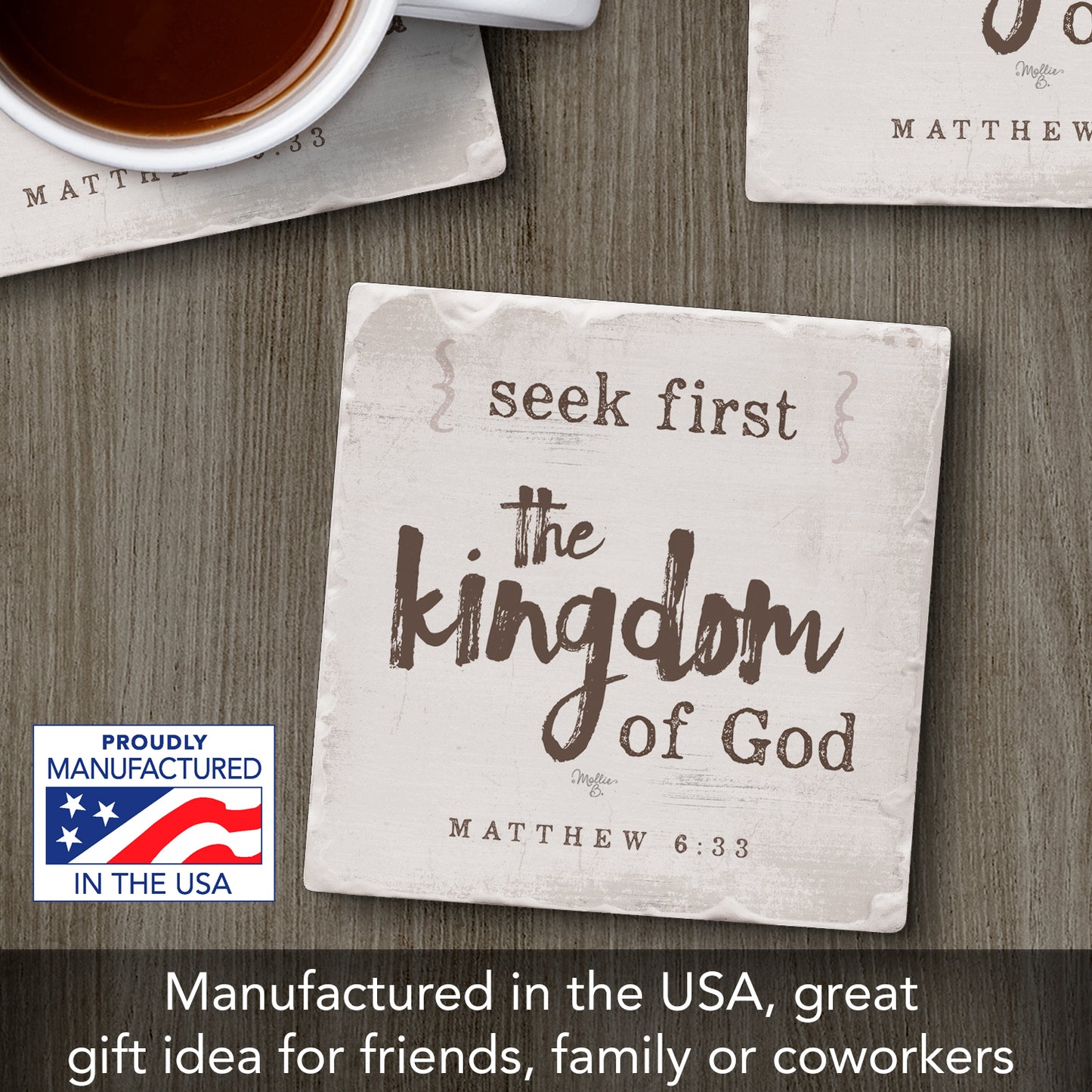 Thirstystone Seek First The Kingdom Single Tumbled Tile Stone Coaster with Protective Cork Backing Manufactured in The USA 4" Square, Artistic, Easily Wipes Clean