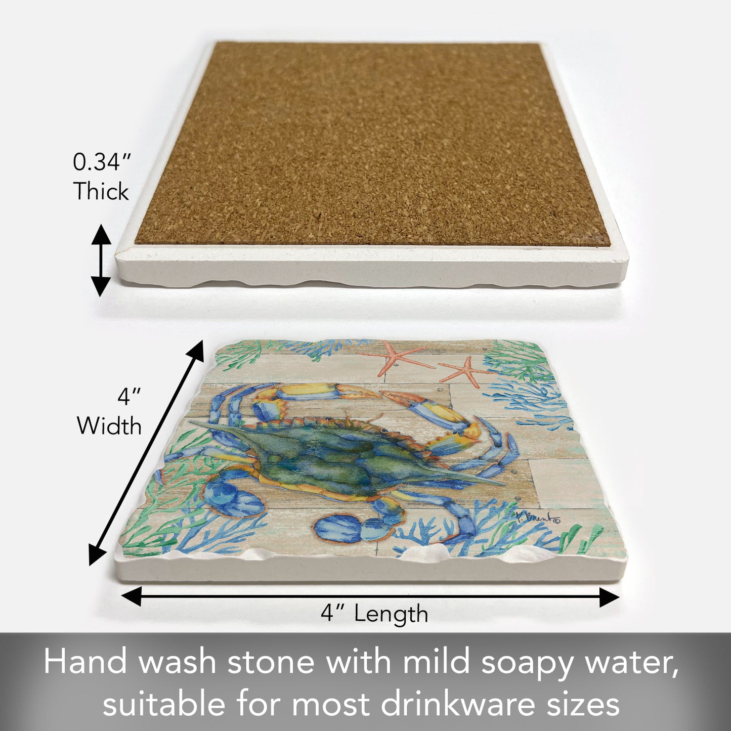 Thirstystone Crab Life Single Tumbled Tile Stone Coaster with Protective Cork Backing Manufactured in The USA 4" Square, Colorful, Artistiic, Easily Wipes Clean