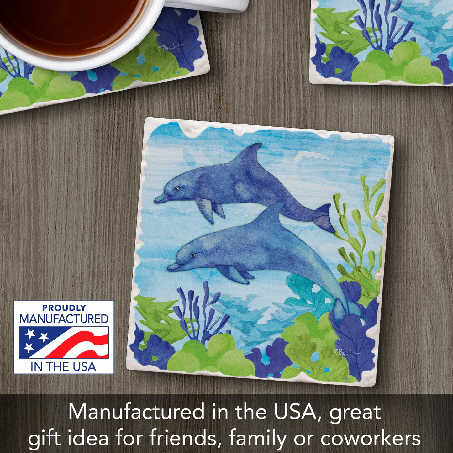 Thirstystone Dolphin Duo Single Tumbled Tile Stone Coaster with Protective Cork Backing Manufactured in The USA 4" Square, Colorful, Artistiic, Easily Wipes Clean