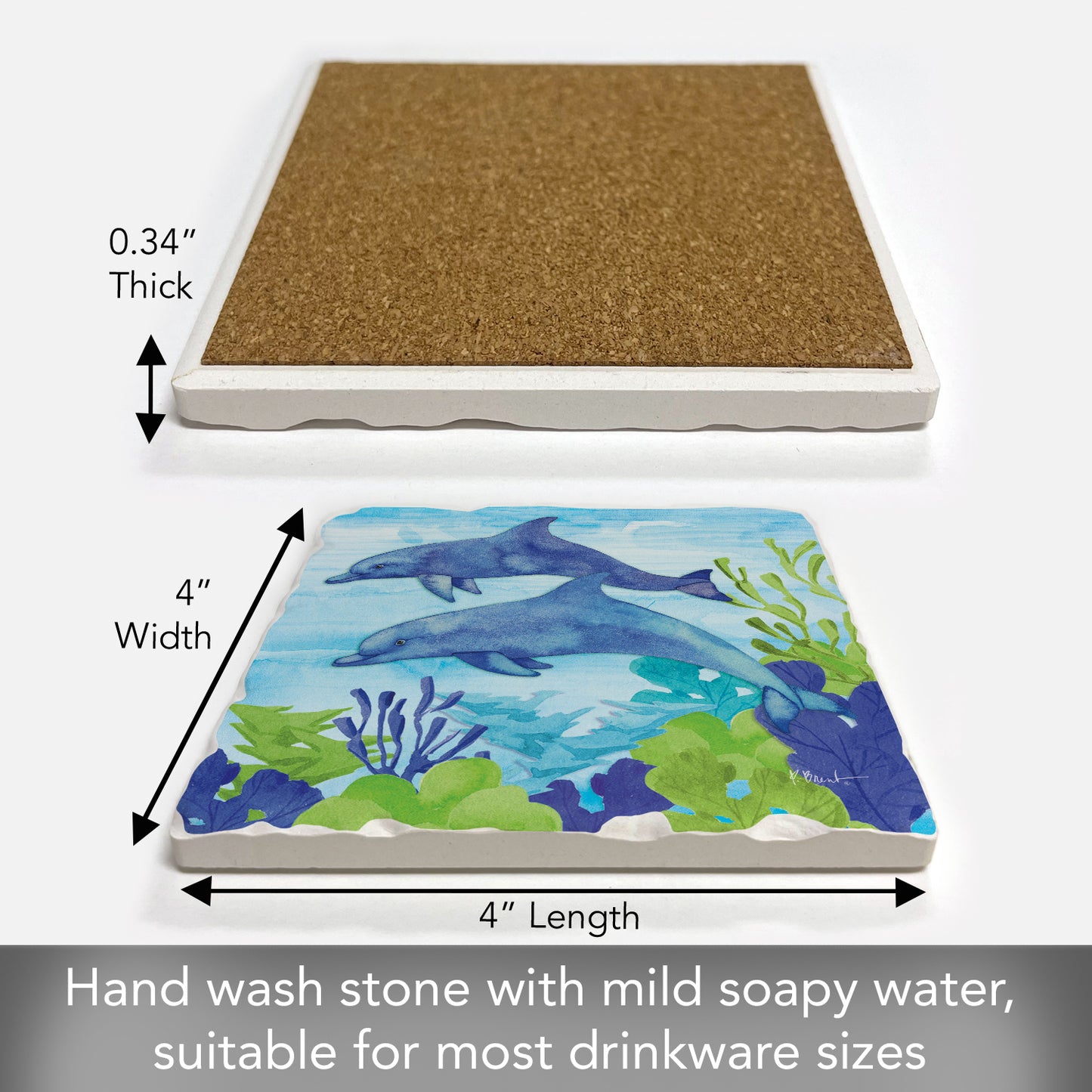Thirstystone Dolphin Duo Single Tumbled Tile Stone Coaster with Protective Cork Backing Manufactured in The USA 4" Square, Colorful, Artistiic, Easily Wipes Clean