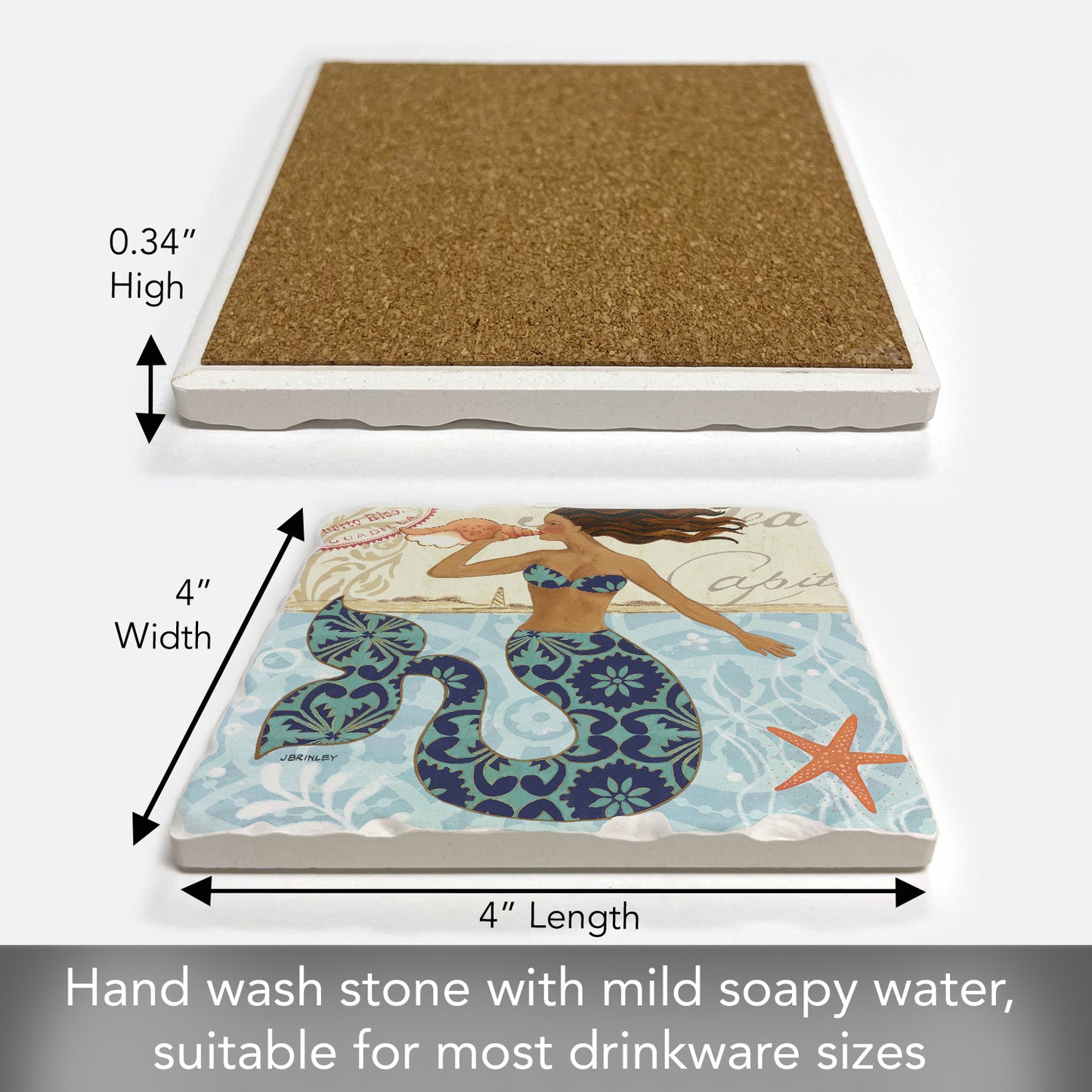 Thirstystone Mermaid Call Single Tumbled Tile Stone Coaster with Protective Cork Backing Manufactured in The USA 4" Square, Colorful, Artistiic, Easily Wipes Clean