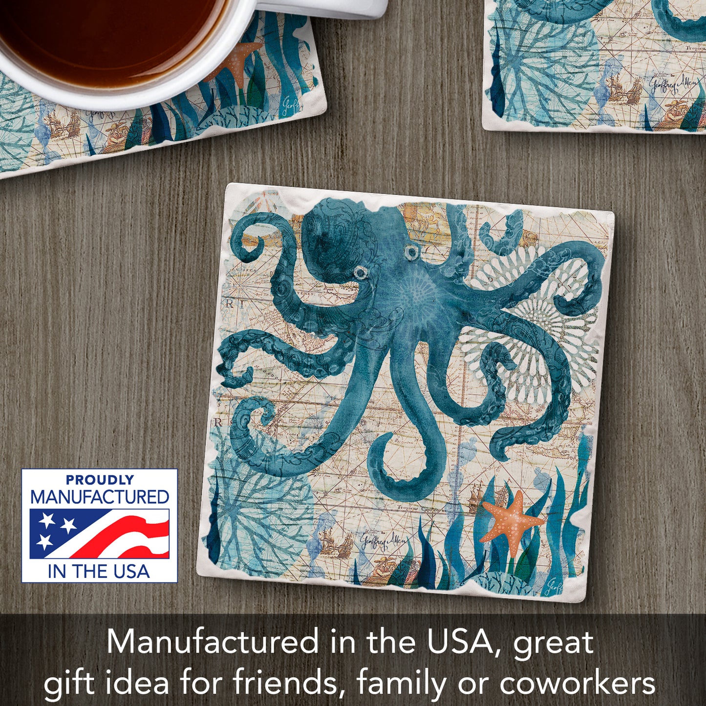 Thirstystone Nautical Octopus Single Tumbled Tile Stone Coaster with Protective Cork Backing Manufactured in The USA 4" Square, Colorful, Artistiic, Easily Wipes Clean