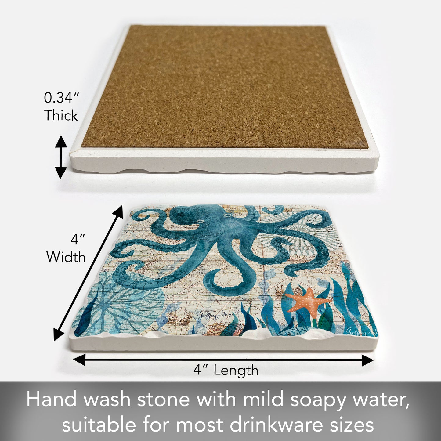 Thirstystone Nautical Octopus Single Tumbled Tile Stone Coaster with Protective Cork Backing Manufactured in The USA 4" Square, Colorful, Artistiic, Easily Wipes Clean