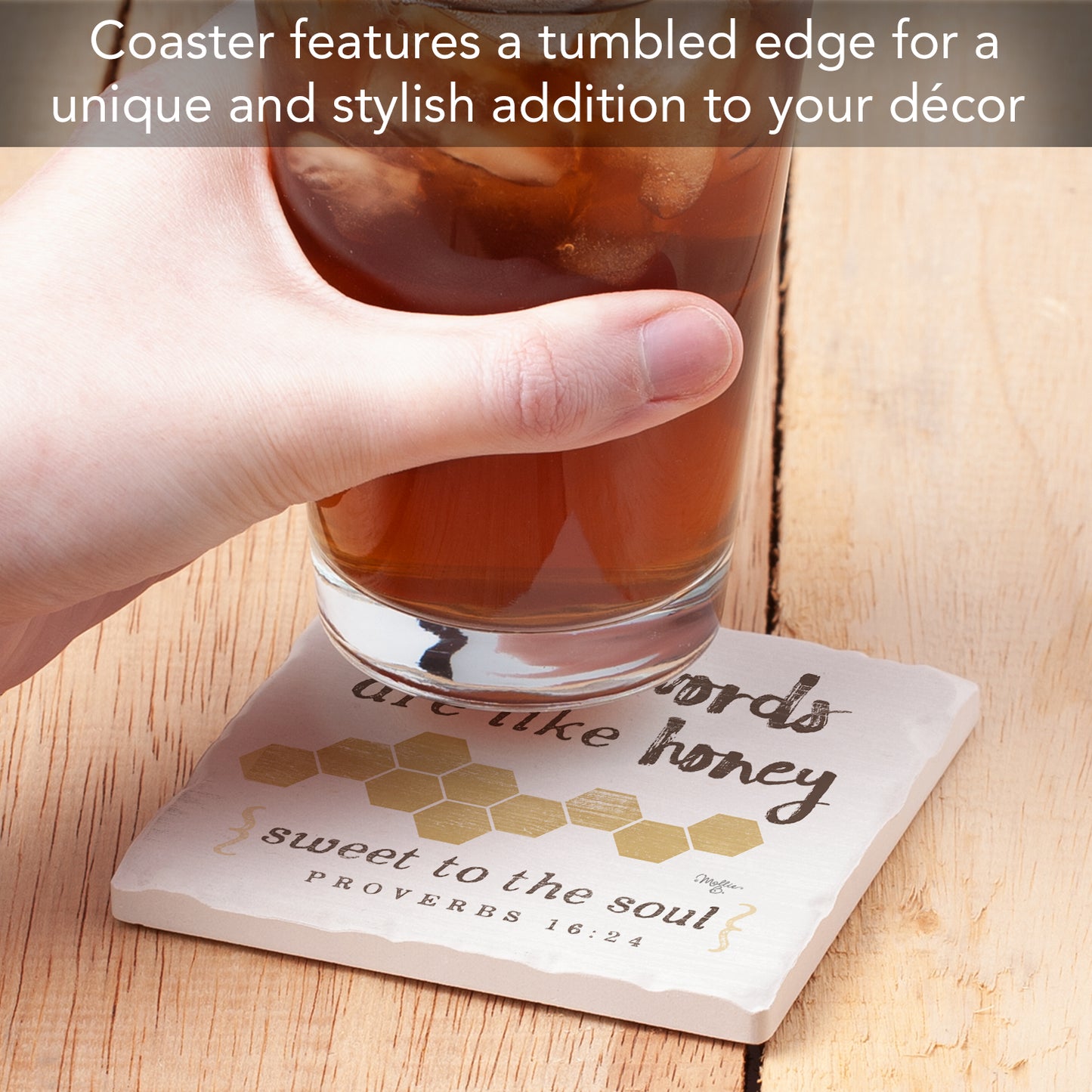 Thirstystone Kind Words Like Honey Single Tumbled Tile Stone Coaster with Protective Cork Backing Manufactured in The USA 4" Square, Artistic, Easily Wipes Clean