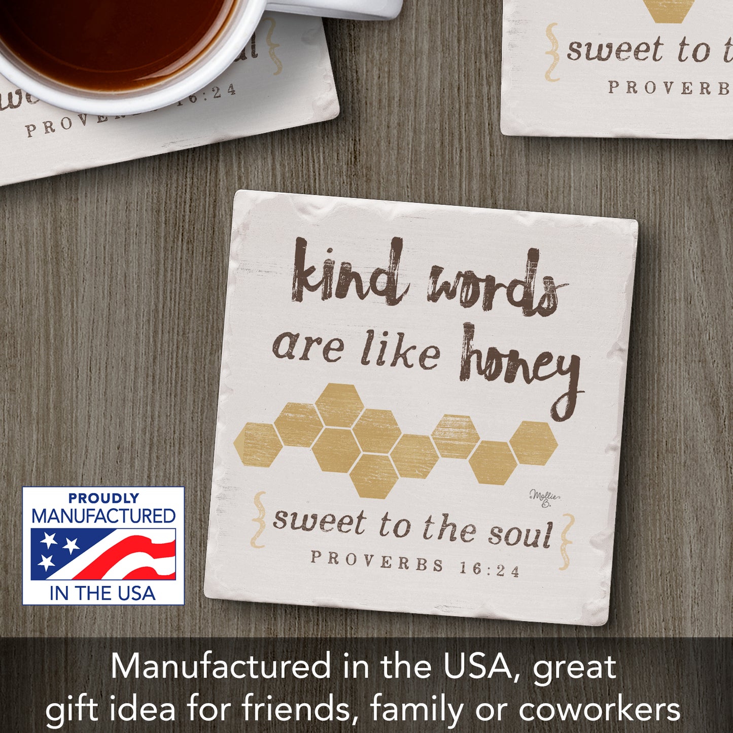 Thirstystone Kind Words Like Honey Single Tumbled Tile Stone Coaster with Protective Cork Backing Manufactured in The USA 4" Square, Artistic, Easily Wipes Clean