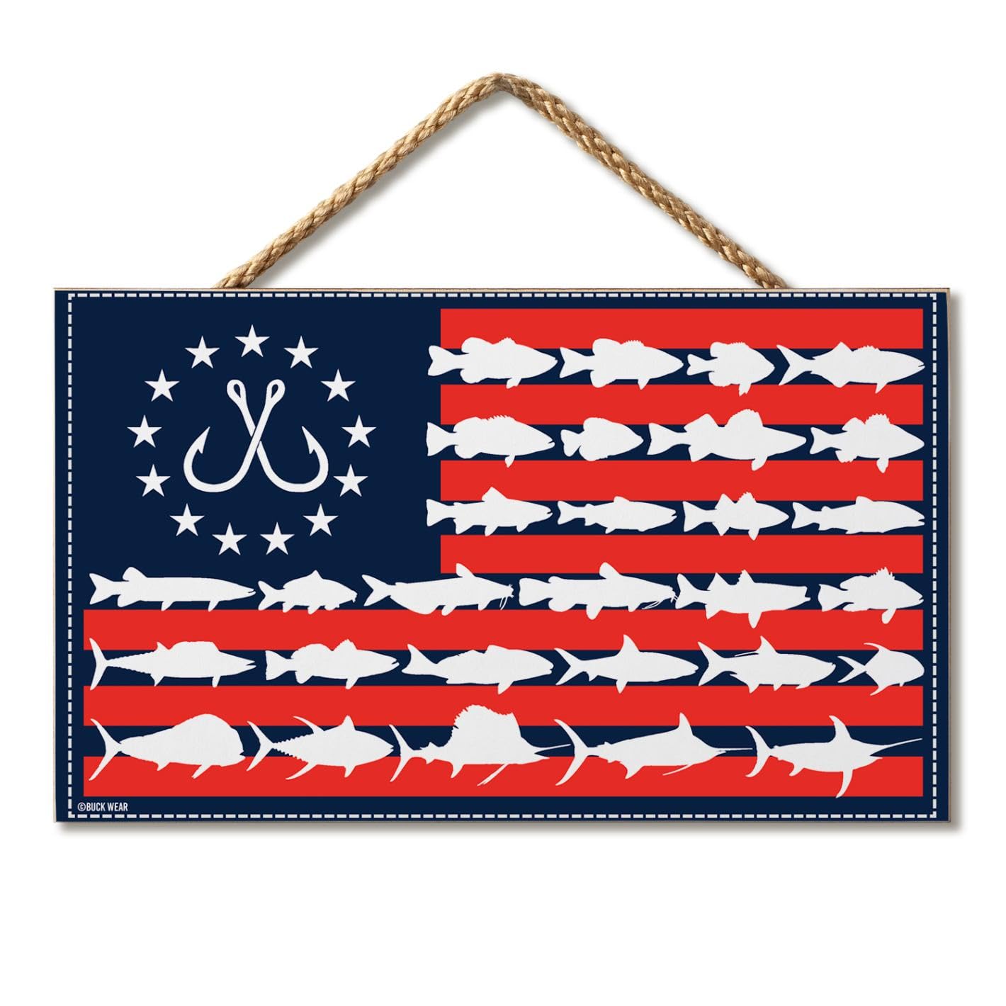 CounterArt Fish Flag Decorative Hanging Wood Sign 9.5” by 5.75” Made in the USA Features Braided Rope Hanger
