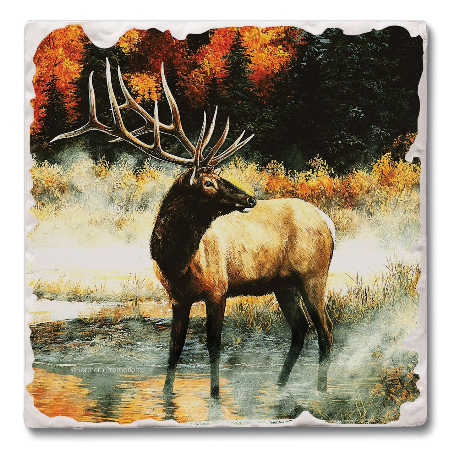 Thirstystone Elk in The Mist Single Tumbled Tile Stone Coaster with Protective Cork Backing Manufactured in The USA 4" Square