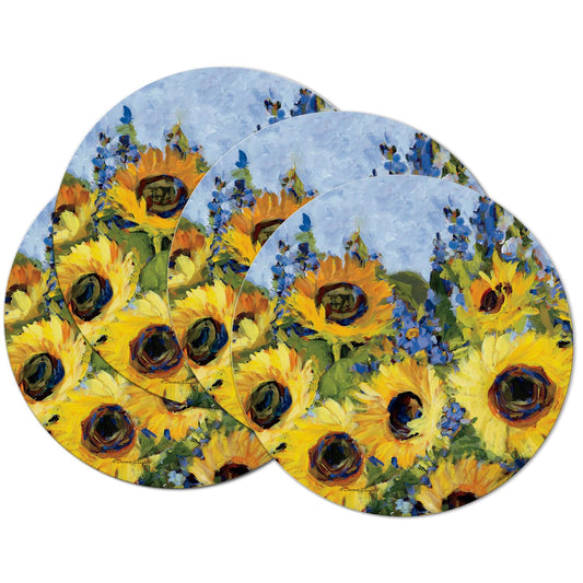 CounterArt Sunflower Gallery 4 Pack Round Reversible Easy Care Flexible Placemats Made in the USA