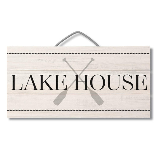 Lake House Decorative Slatted Pallet Wood Sign 12" by 6" Made in the USA Wire Hanger Doubles as an Easel