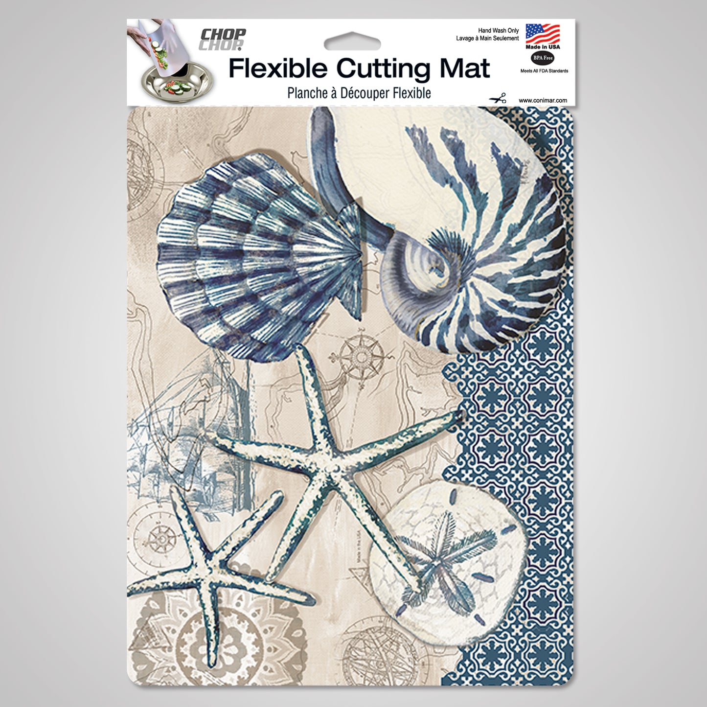 Cut N' Funnel Tide Pool Shells Designer Flexible Plastic Cutting Board Mat, 15" x 11.5", Made in the USA, Decorative, Flexible, Easy to Clean