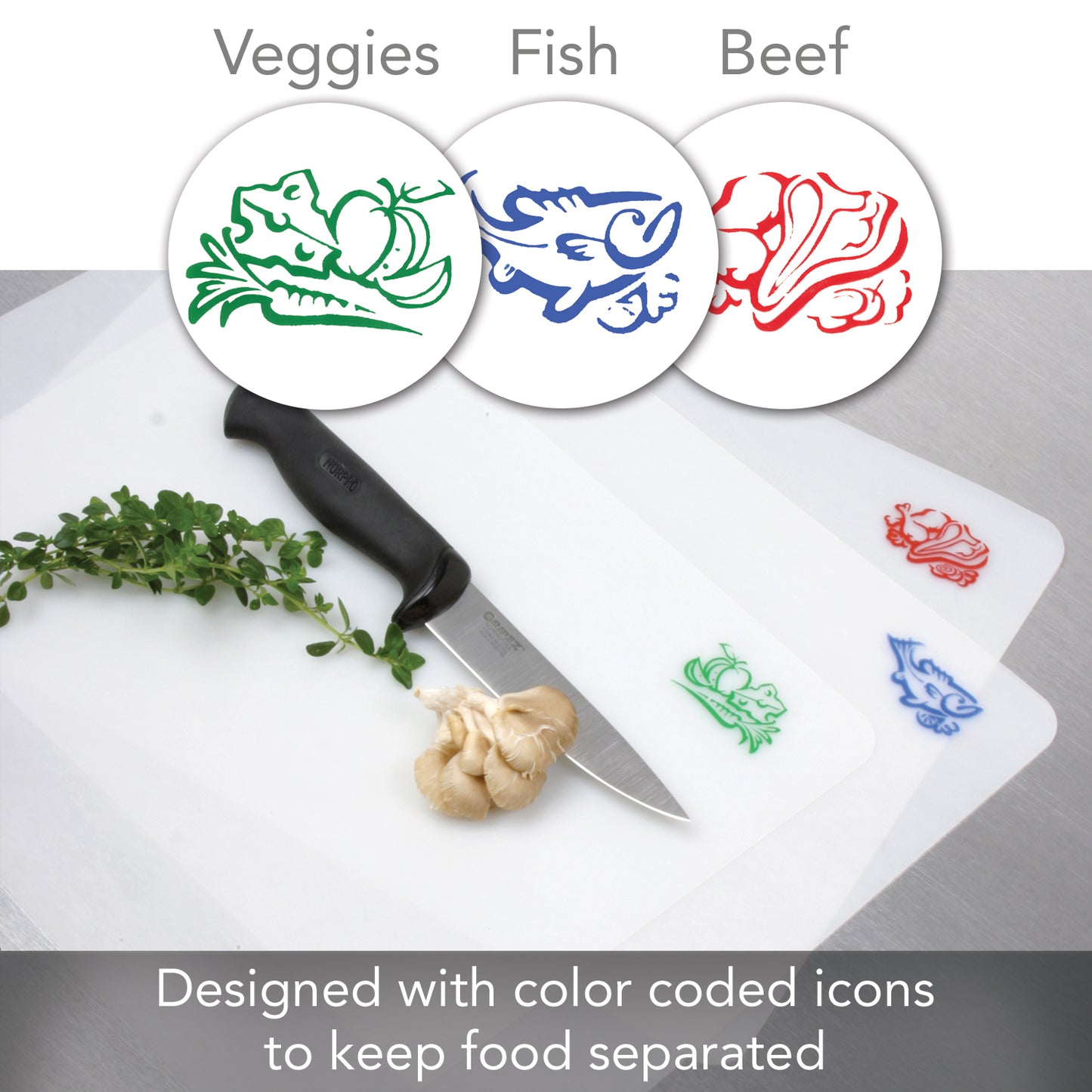 Cut N' Funnel Flexible Cutting Board Mats Set of 3, Clear Frosted with Food Icons, Made in the USA of BPA Free Food Grade Plastic, 11.5” x 15”